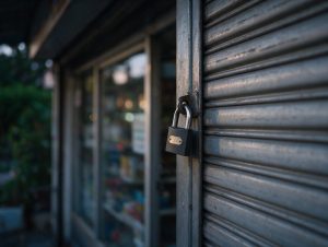 Cadeado em porta de aço fechada de uma pequena empresa ao entardecer