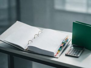 Pasta com contratos bancários em branco e calculadora sobre uma mesa de escritório