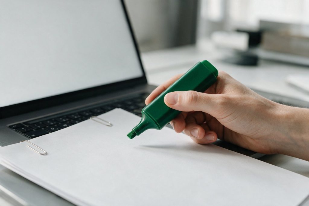 Mão com marca-texto verde sobre um documento em branco ao lado de um notebook