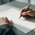 Mãos assinando um documento em branco em uma mesa de reunião