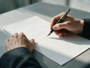 Mãos assinando um documento em branco em uma mesa de reunião